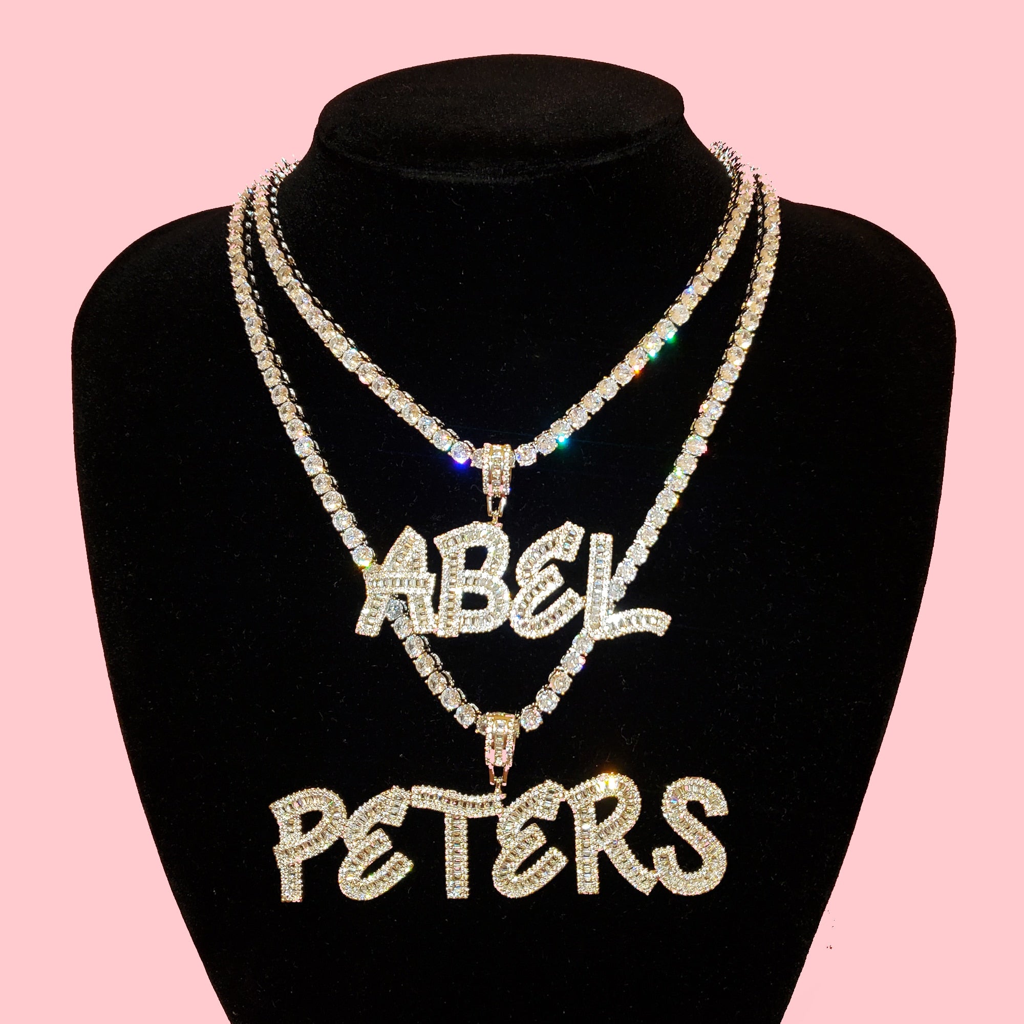 Custom Baguette Letter Name Necklace – Iced Out Pendant with Tennis Chain