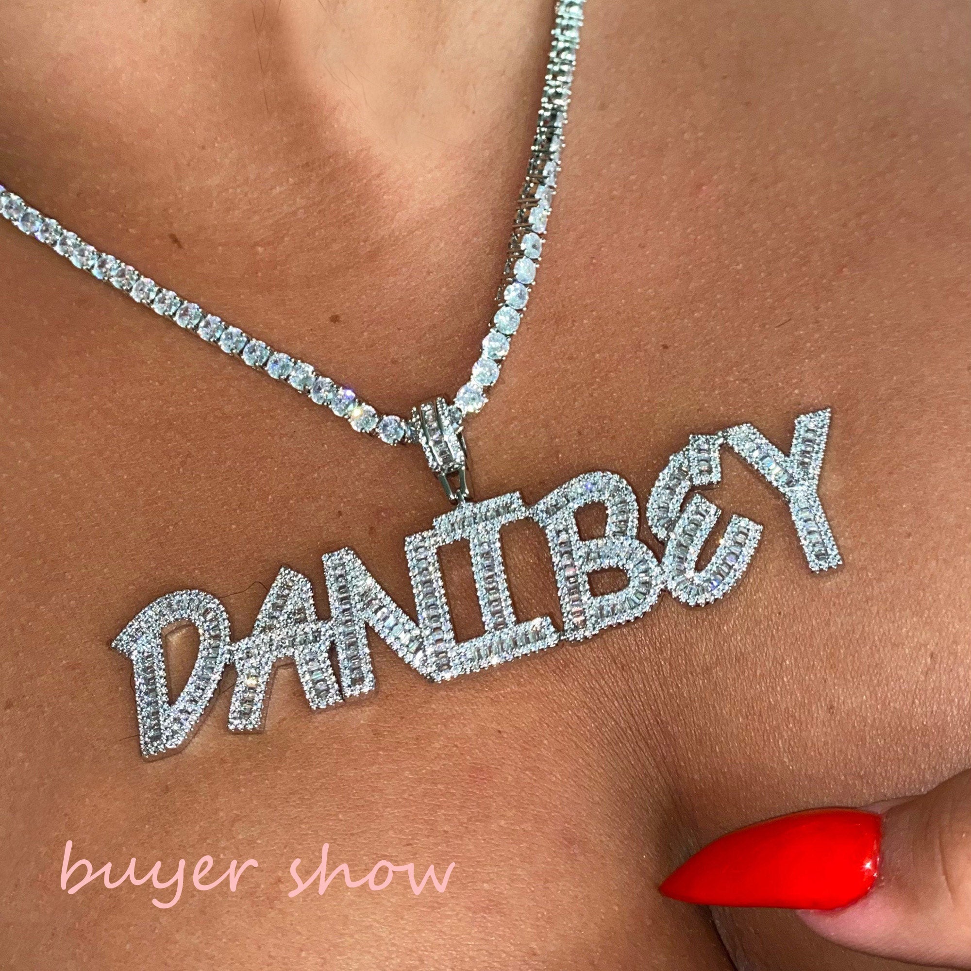 Custom Baguette Letter Name Necklace – Iced Out Pendant with Tennis Chain