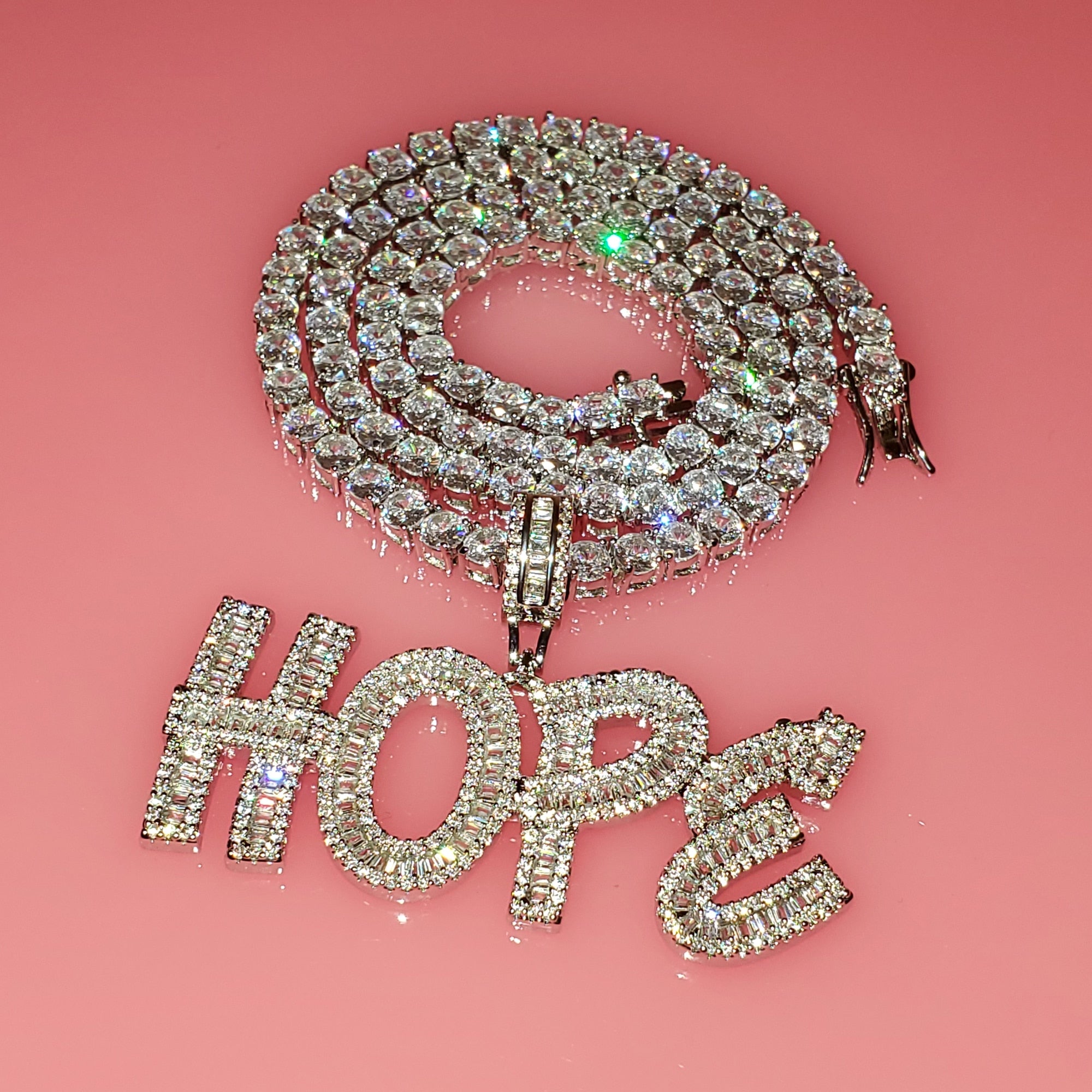 Custom Baguette Letter Name Necklace – Iced Out Pendant with Tennis Chain