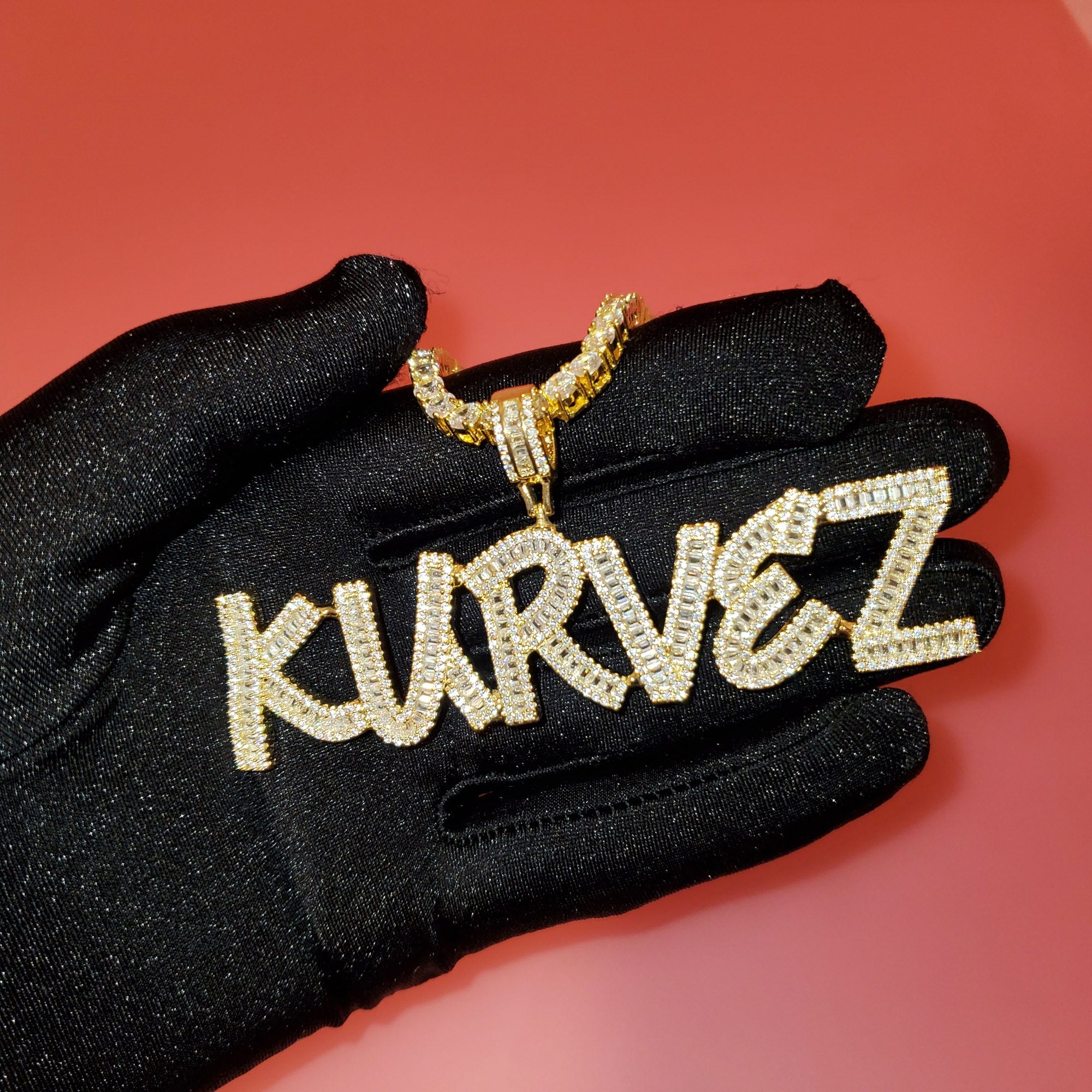 Custom Baguette Letter Name Necklace – Iced Out Pendant with Tennis Chain