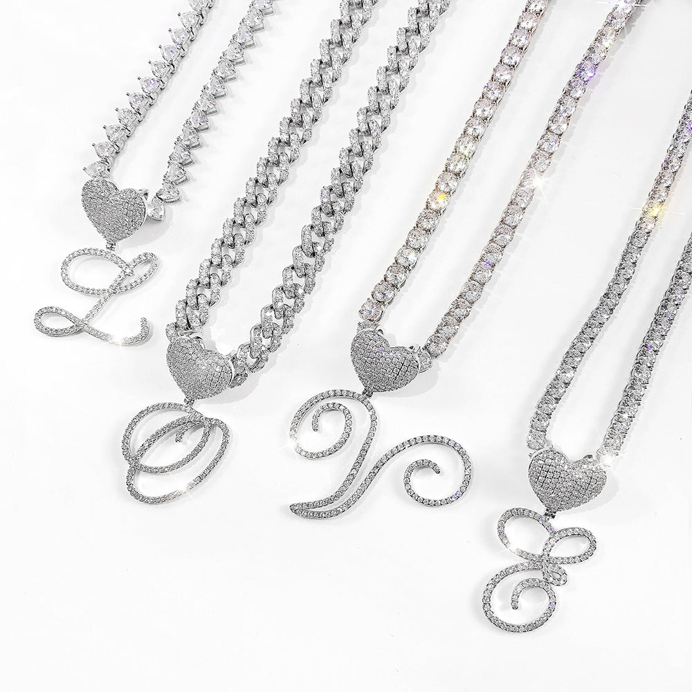 Custom Initial Cuban Heart Pendant Necklace + FREE Tennis Chain