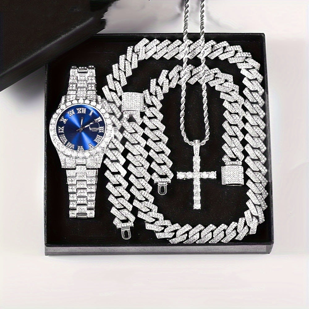 VVS Jewelry 4-Piece Iced Out Watch & Cuban Chain, Bracelet and Cross Bundle Set