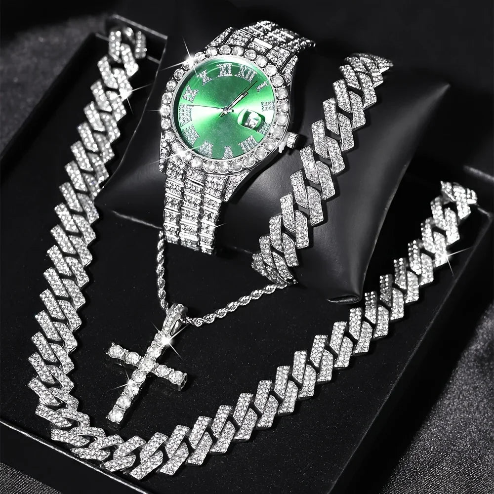 VVS Jewelry 4-Piece Iced Out Watch & Cuban Chain, Bracelet and Cross Bundle Set