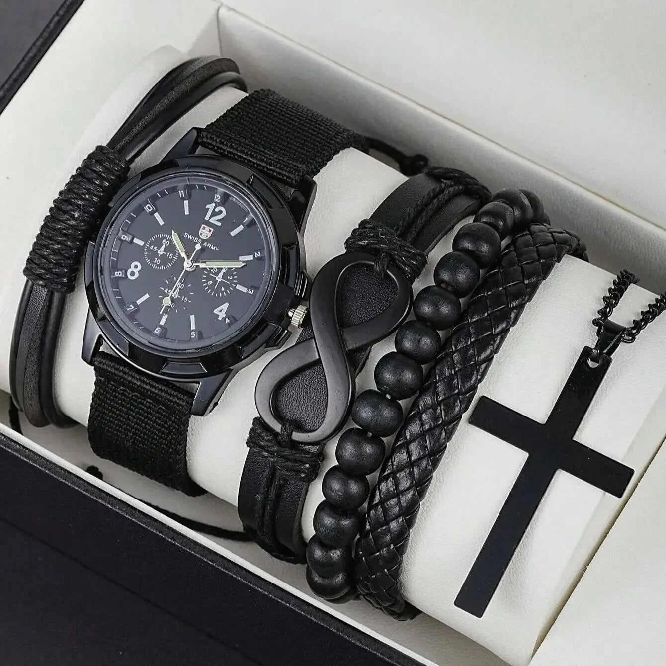 VVS Vanta Noir 6-Piece Men's Accessory Set – Leather Bracelet, Mechanical Watch & Cross Pendant Necklace Bundle
