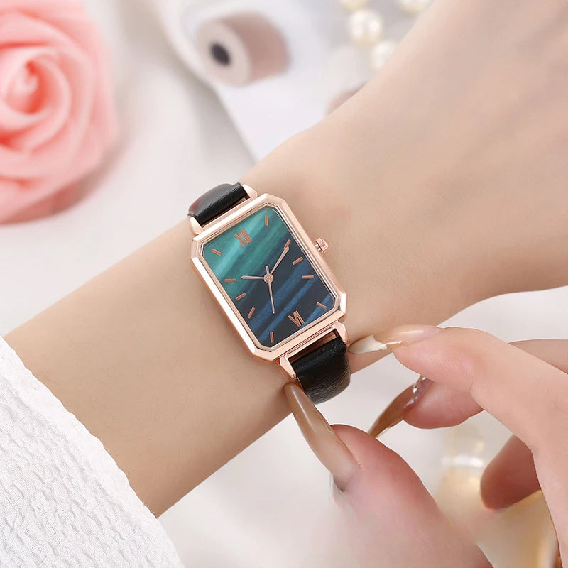 Montre carrée pour femme, cadran et bracelet en cuir, inspirée de la pierre de malachite