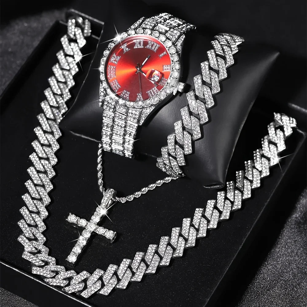 VVS Jewelry 4-Piece Iced Out Watch & Cuban Chain, Bracelet and Cross Bundle Set
