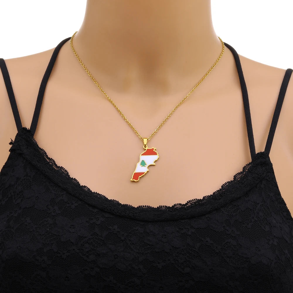 Collier pendentif en acier inoxydable émaillé avec drapeau du Liban