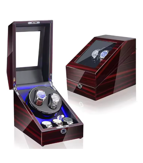 Luxury Walnut Wood 2+3 Watch Winder with Lock, LED Lights & Extra Storage