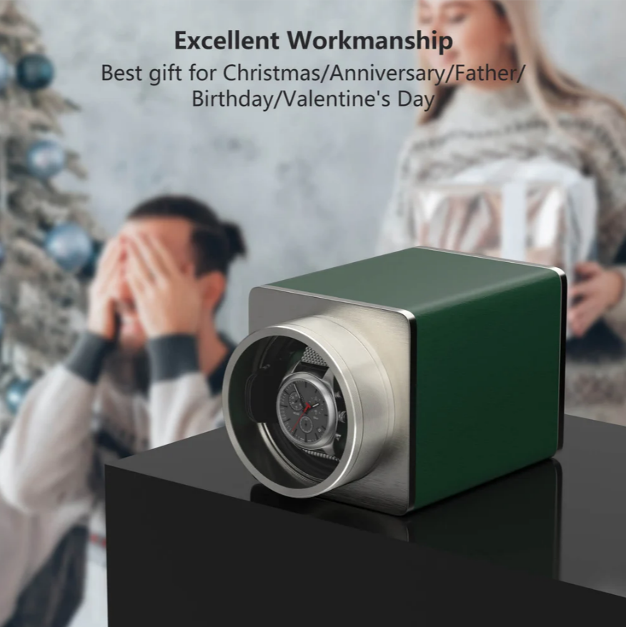 Watch Winder Single Box – Quiet Mabuchi Motor, Stackable Vegan Leather Case for Travel – Hulk Green