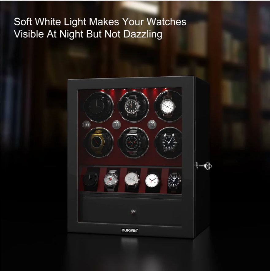 6 Classic Watch Winders for Automatic Watches with 5 Display Slots – Red