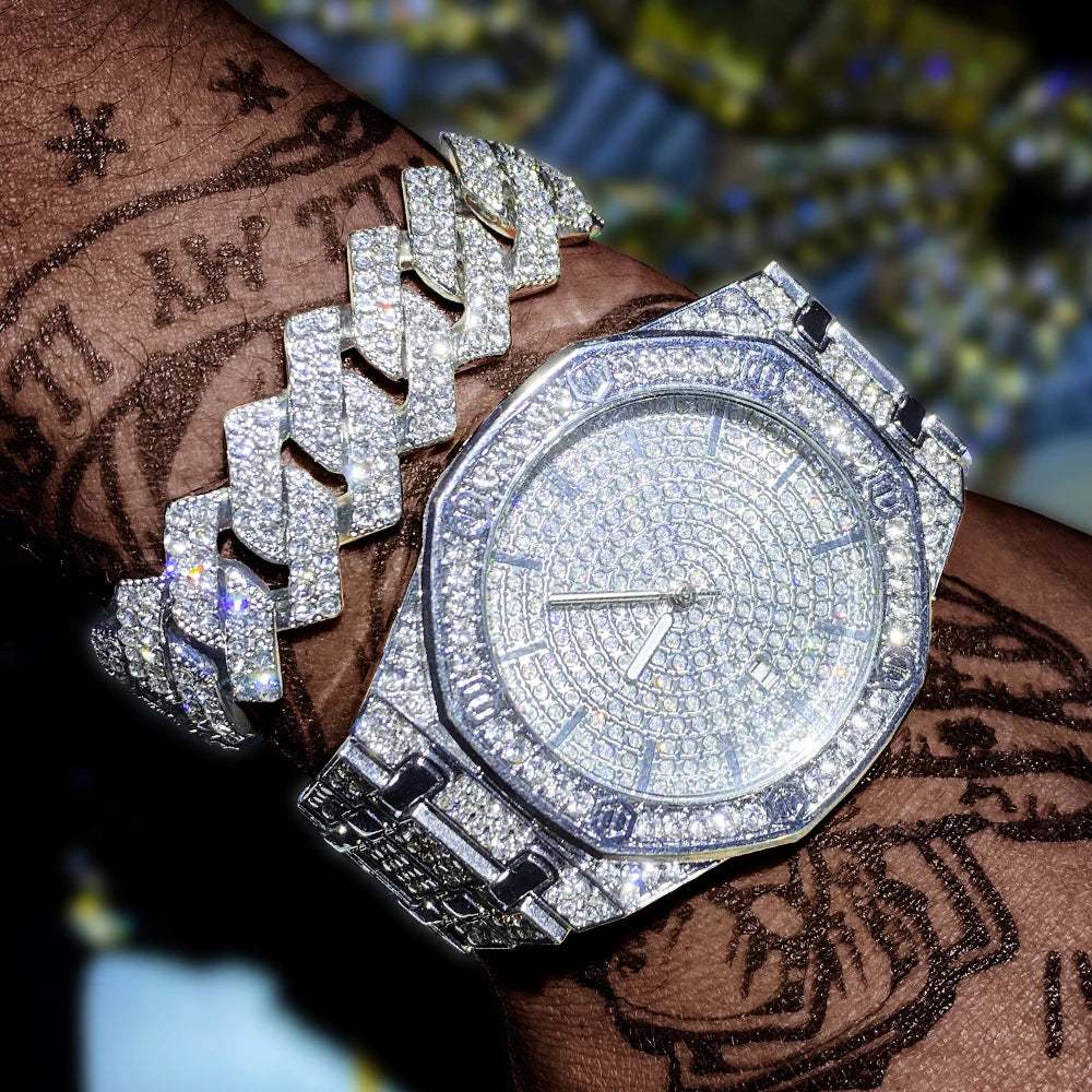 "King Frost" Iced Out Men’s Gold Watch and Miami Cuban Bracelet Luxury Bundle