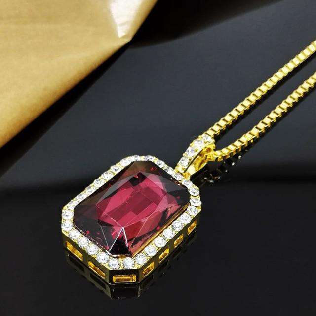 Hip Hop Fresh Jewelry hip hop jewelry rust red S Square Gemstone Pendant Chain