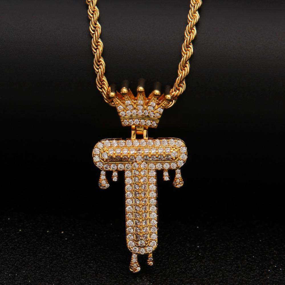 VVS Jewelry hip hop jewelry Gold/Silver Crown Ice Drip Bubble Initial Letter Pendant Necklace