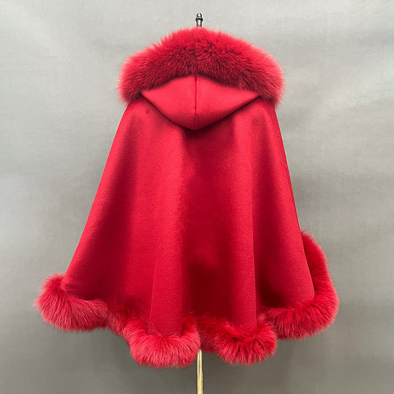 Emily Cashmere Poncho Real Fox Fur Cape shawl with Fox Fur Hood