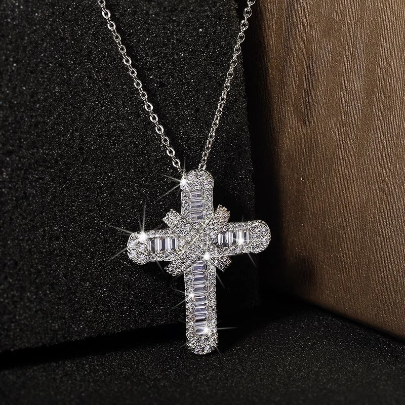 Fully Iced Baguette Cross Pendant Necklace