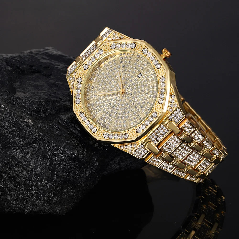 "King Frost" Iced Out Men’s Gold Watch and Miami Cuban Bracelet  Luxury Bundle