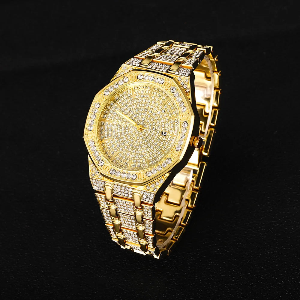 "King Frost" Iced Out Men’s Gold Watch and Miami Cuban Bracelet  Luxury Bundle