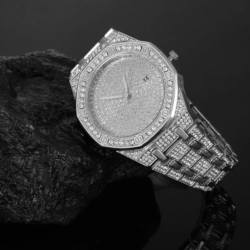 "King Frost" Iced Out Men’s Gold Watch and Miami Cuban Bracelet  Luxury Bundle