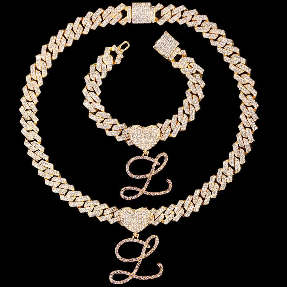 Initial Iced Out Cuban Link Chain Necklace Set