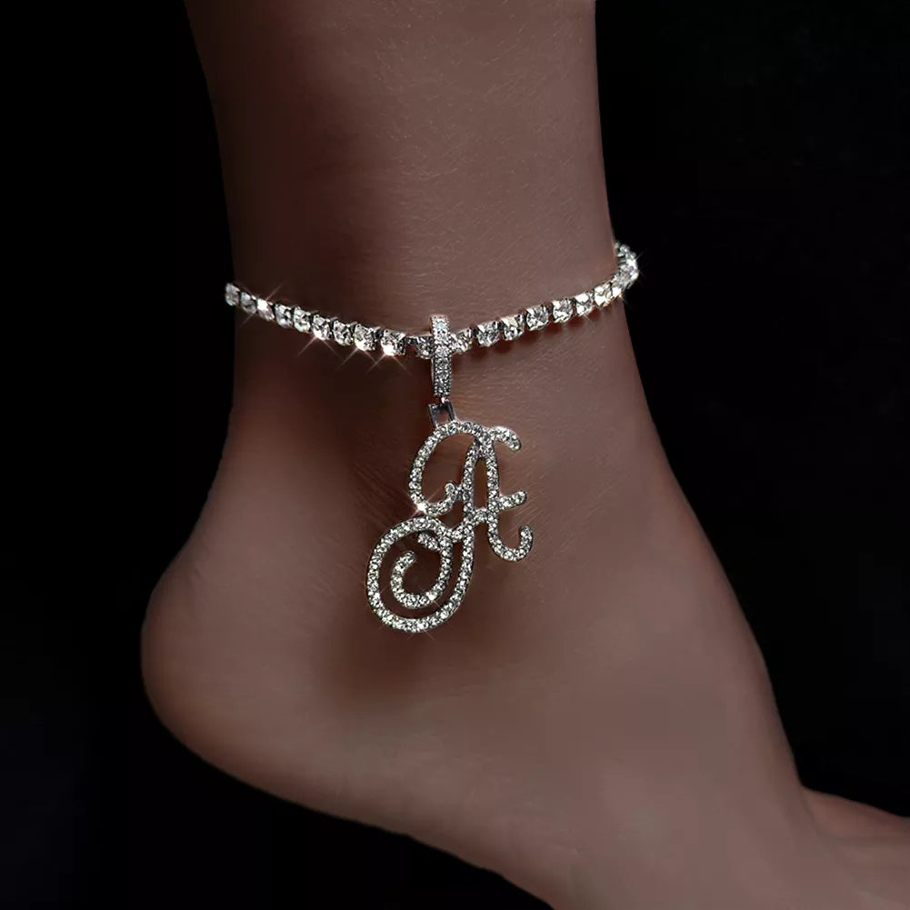 A-Z Initial Letters Bling Crystal Tennis Chain Anklet