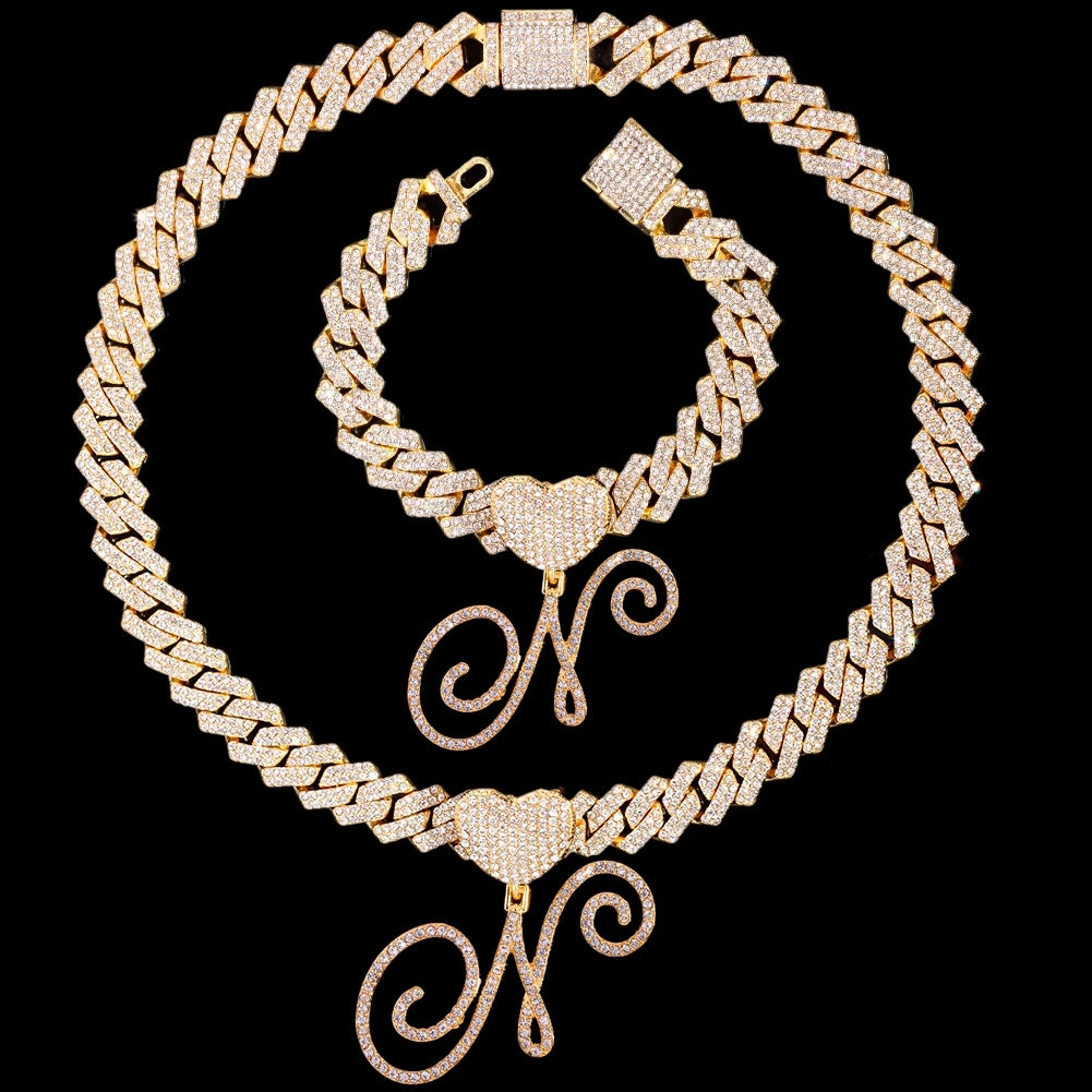 Initial Iced Out Cuban Link Chain Necklace Set