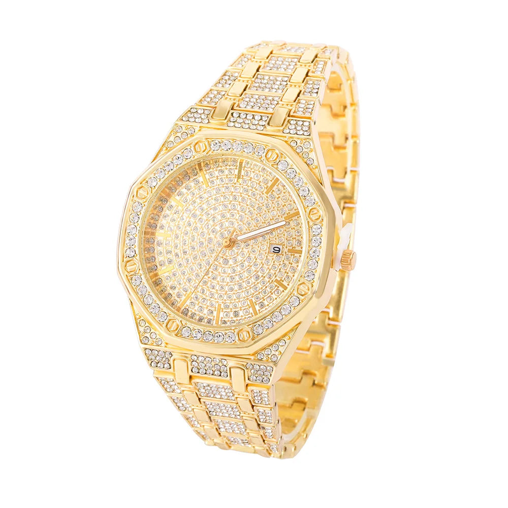 "King Frost" Iced Out Men’s Gold Watch and Miami Cuban Bracelet  Luxury Bundle