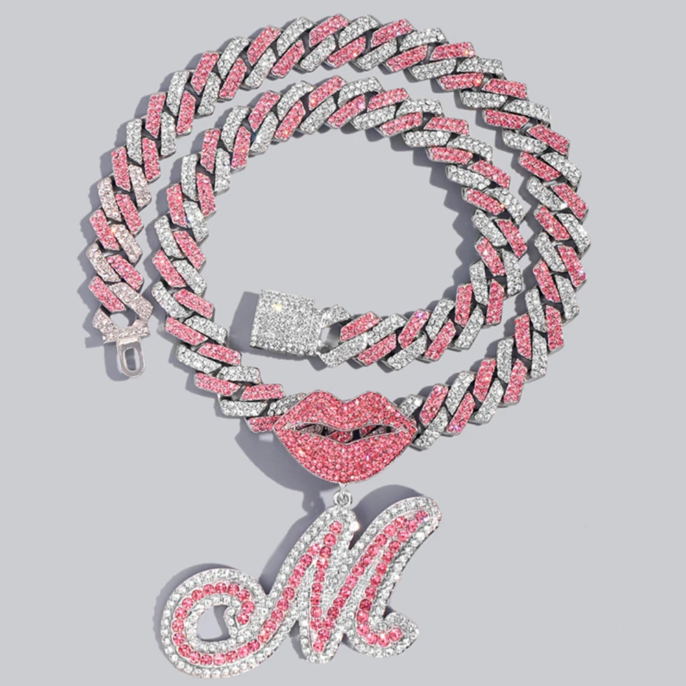 VVS Pink 14MM Cuban Chain with Paved Mouth Cursive Letter