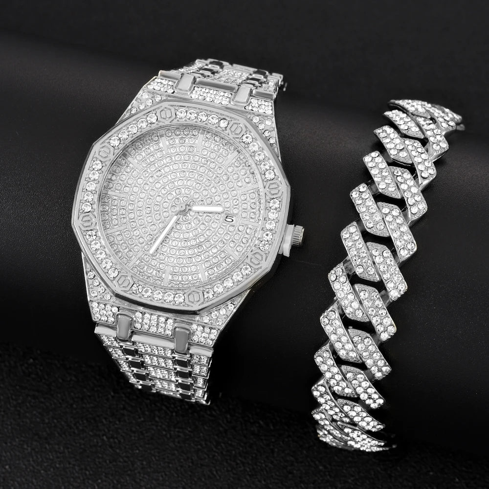 "King Frost" Iced Out Men’s Gold Watch and Miami Cuban Bracelet  Luxury Bundle