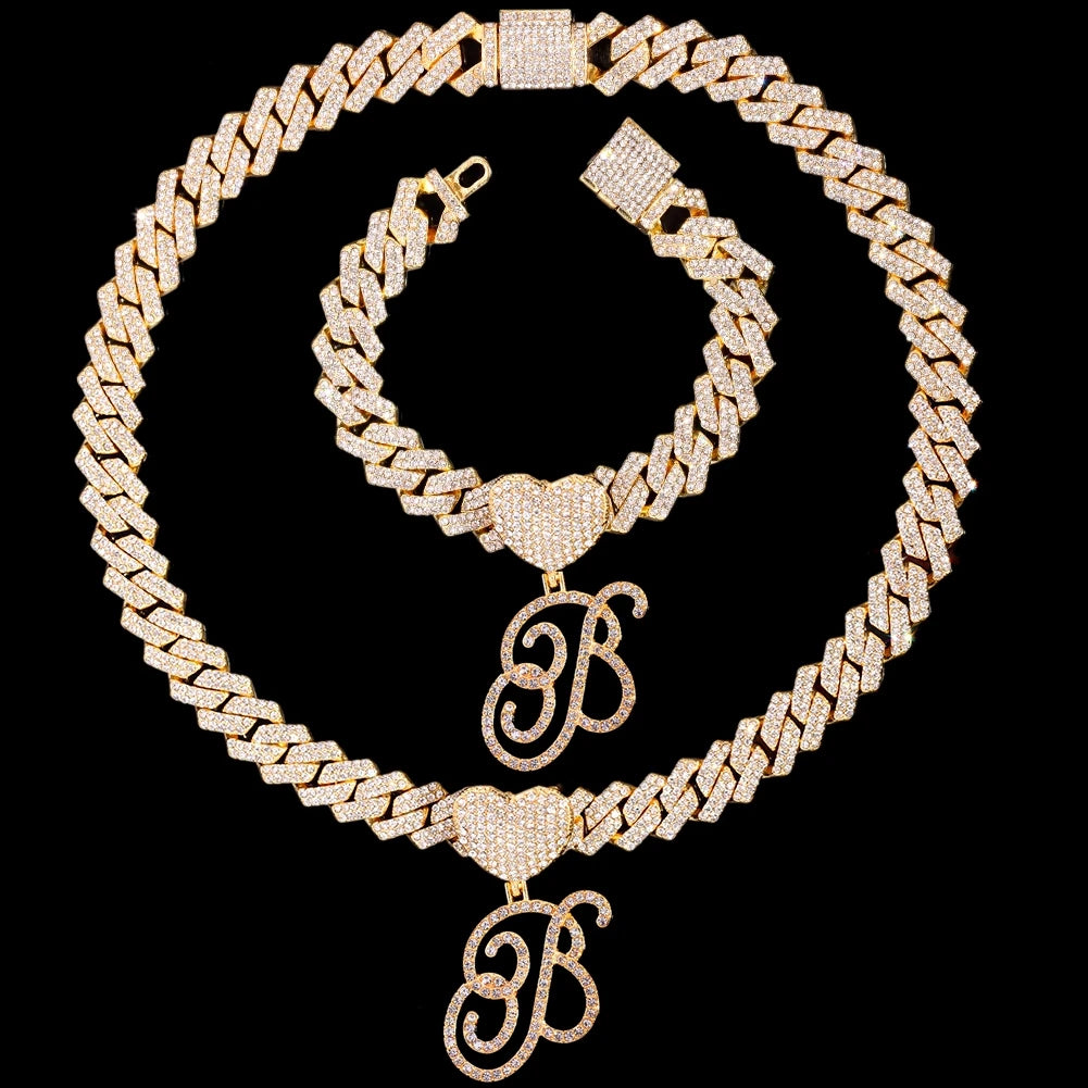 Initial Iced Out Cuban Link Chain Necklace Set