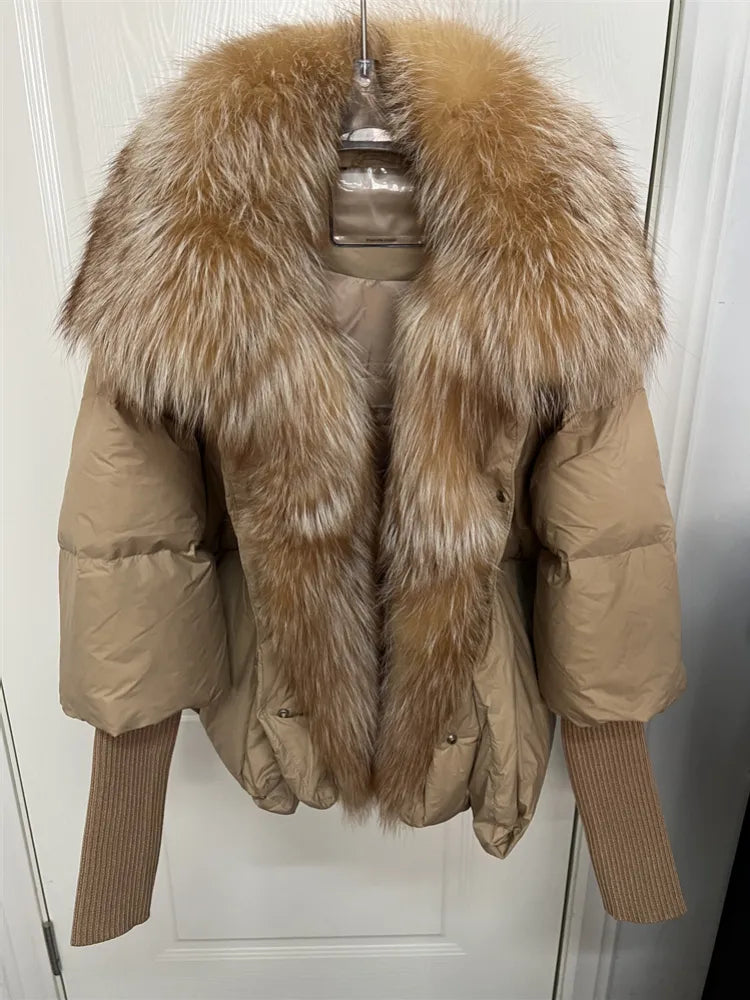 Real Fox Fur Collar with Knit Sleeve Jacket