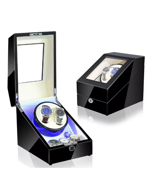 Luxury Walnut Wood 2+3 Watch Winder with Lock, LED Lights &  Extra Storage