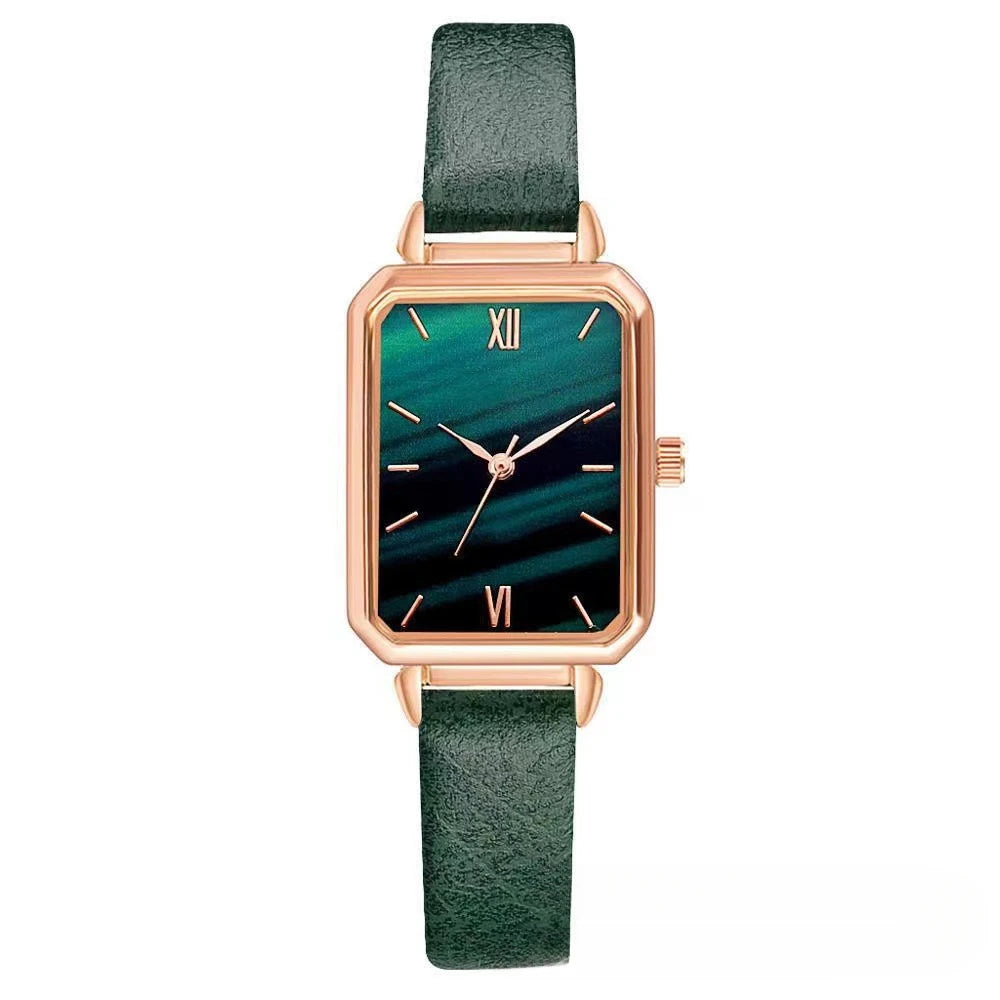 Timeless Malachite Stone Inspired Dial Leather Strap Square Women's Watch