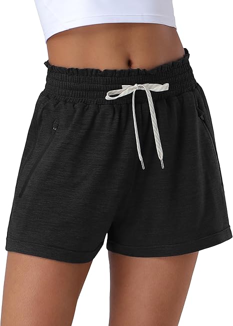 High Waist Athletic Sweat Shorts with 2 Zipper Pockets | Women's Workout & Running Shorts