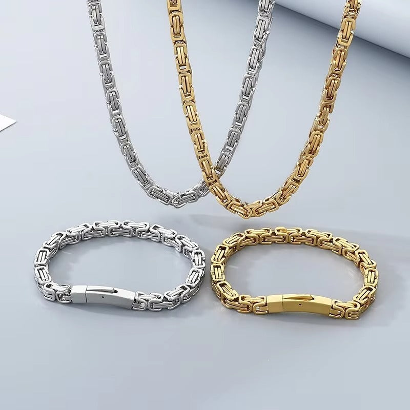 6MM 14K Gold Plated Byzantine Chain Bracelet Set