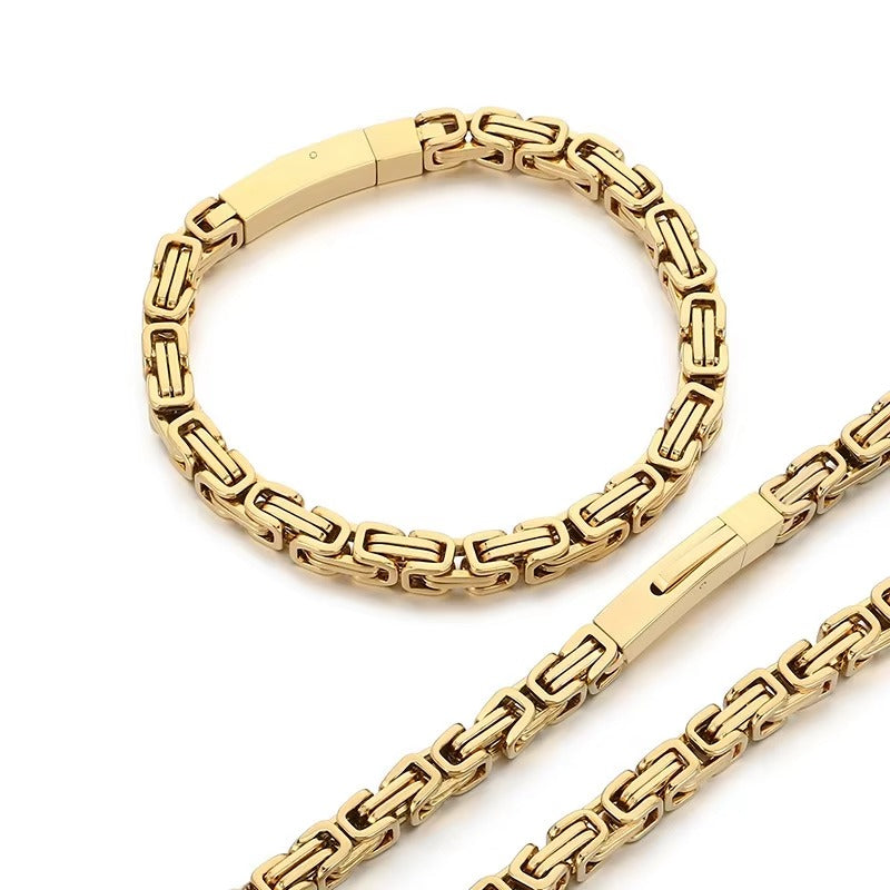 6MM 14K Gold Plated Byzantine Chain Bracelet Set