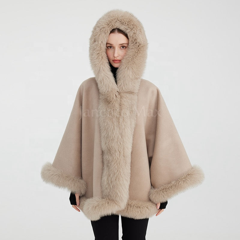 Emily Cashmere Poncho Real Fox Fur Cape with Fox Fur Hood