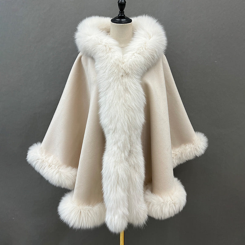 Emily Cashmere Poncho Real Fox Fur Cape with Fox Fur Hood