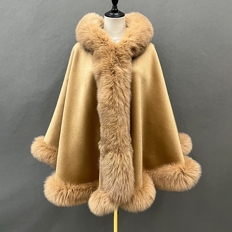 Emily Cashmere Poncho Real Fox Fur Cape with Fox Fur Hood