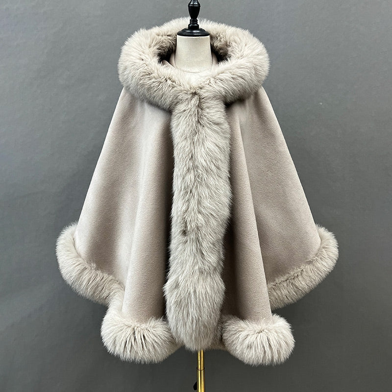 Emily Cashmere Poncho Real Fox Fur Cape with Fox Fur Hood