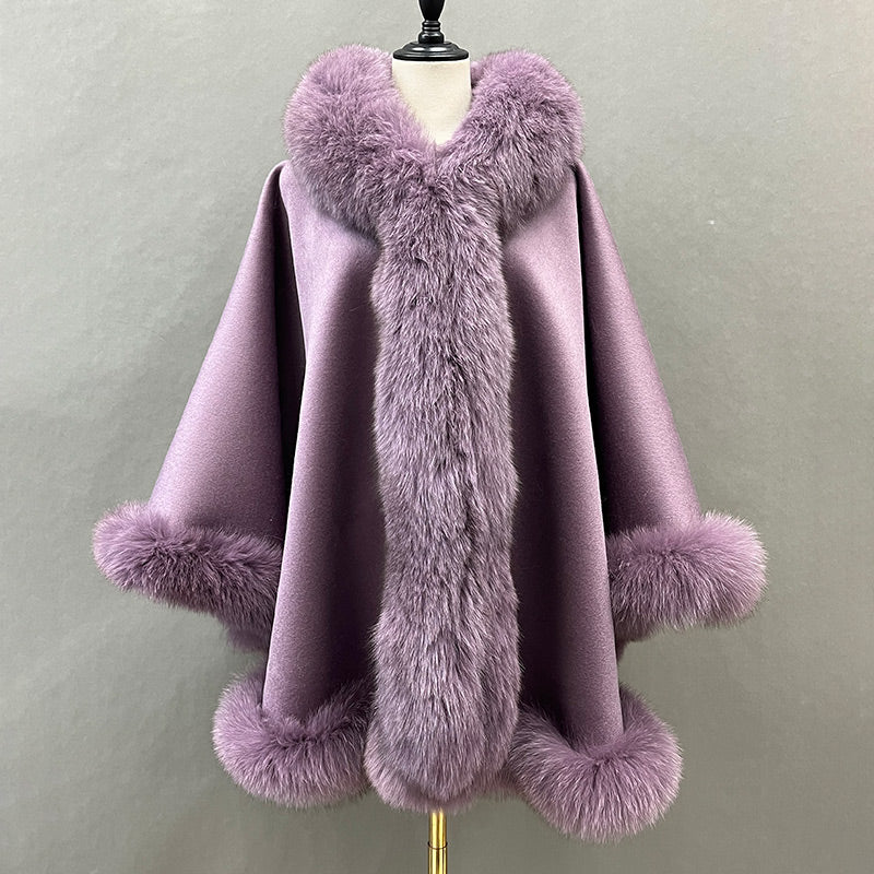 Emily Cashmere Poncho Real Fox Fur Cape with Fox Fur Hood