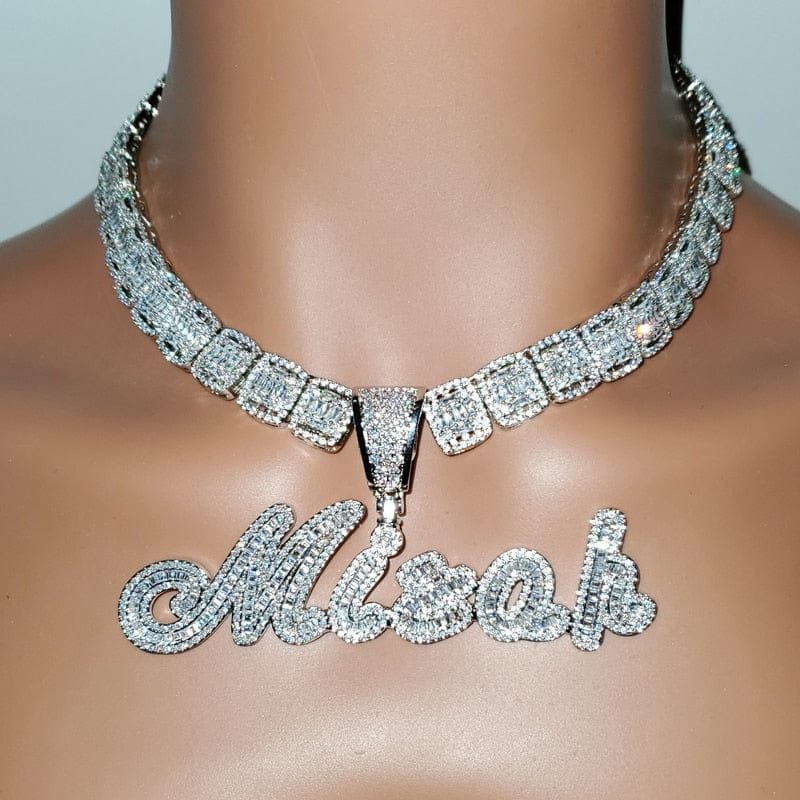 VVS Jewelry hip hop jewelry 0 1 letter / 16INCH Baguette Chain Custom Brush Cursive Iced Out Name Necklace