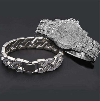 VVS Jewelry hip hop jewelry Combo Set Silver Bling Geometric Bracelet + Watch Set