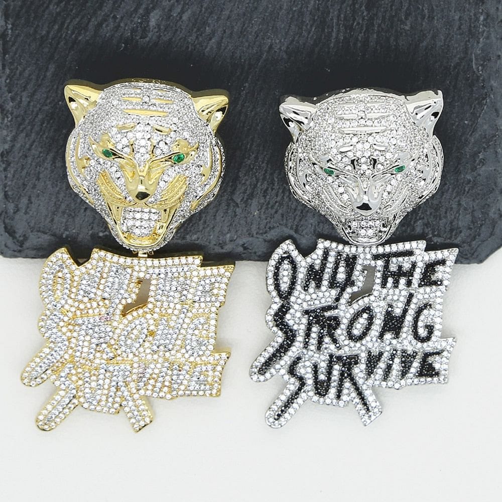 VVS Jewelry hip hop jewelry Iced Out Tiger "Only The Strong Survive" Pendant Chain