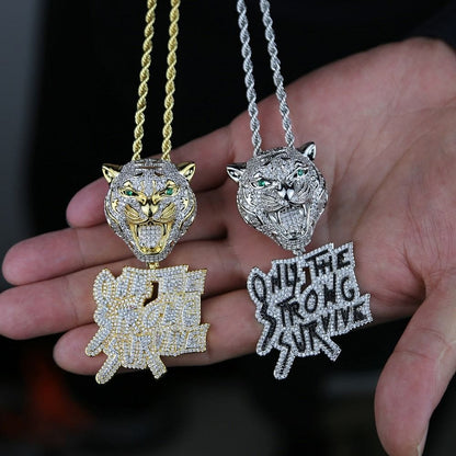 VVS Jewelry hip hop jewelry Iced Out Tiger "Only The Strong Survive" Pendant Chain