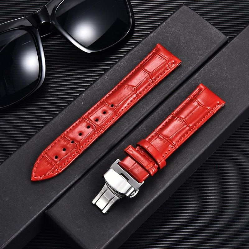 VVS Jewelry hip hop jewelry Red-silver / 18mm Bamboo Pattern Leather Watch Strap