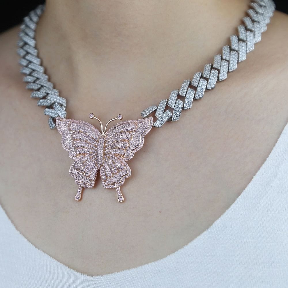 VVS Jewelry hip hop jewelry VVS Jewelry Pink Silver Butterfly Miami Cuban Choker